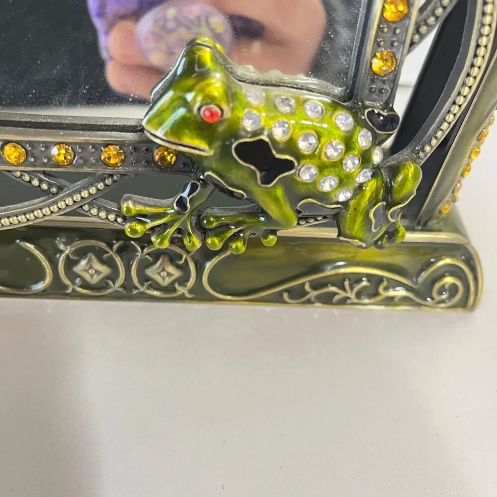 Ashleigh Manor Green Red Eye Frog Enameled Jeweled‎ Swivel Vanity Mirror